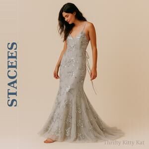 Stacees Mermaid Sequin Gown Court Train Silver Glam Prom Wedding Custom Size NWT